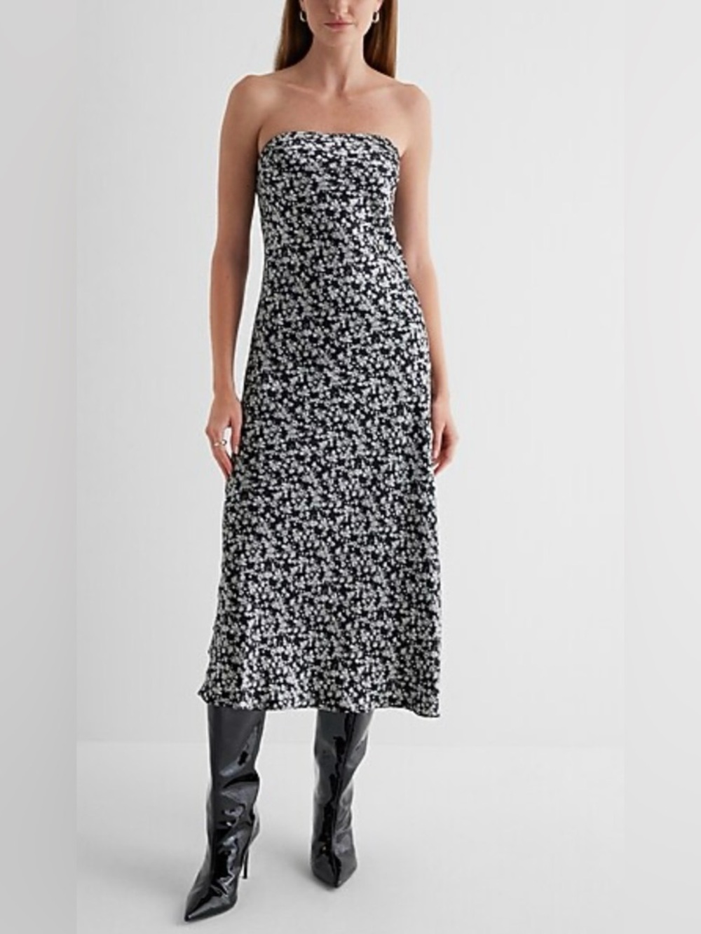 Express Floral Strapless Maxi Dress Large Black White Tube Dress